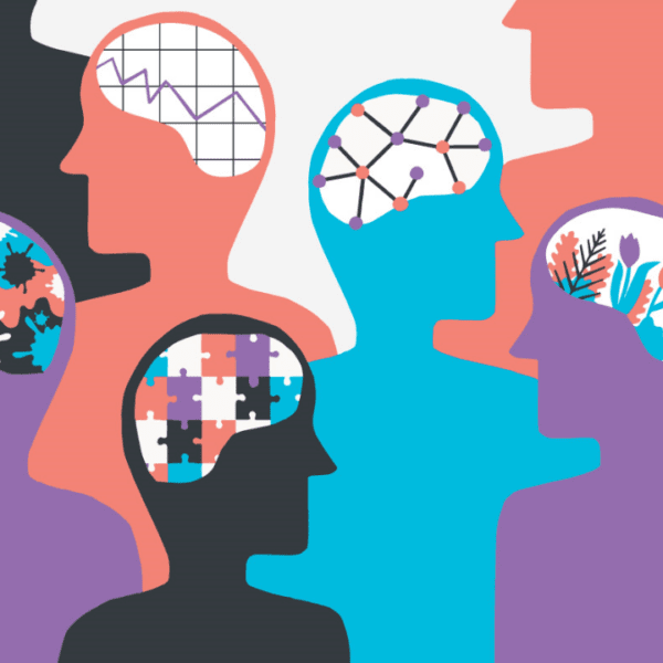 Many multicolored human figures with different pieces in their brains