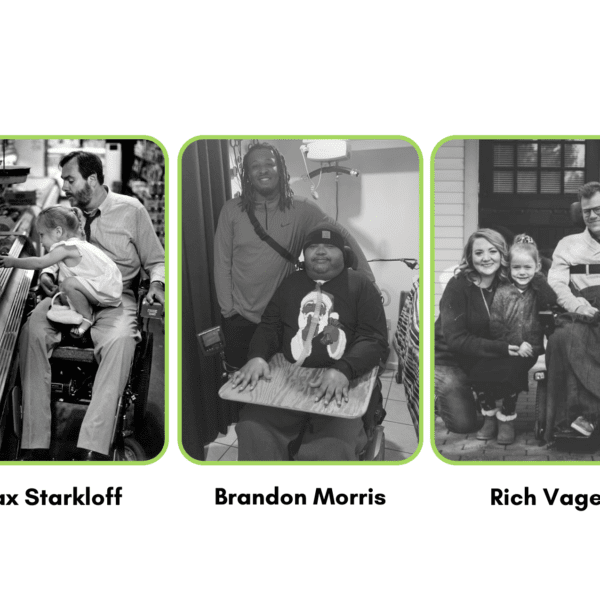3 photos in one. First photo shows Max Starkloff and his daughter, Meghan, picking out fruit in the grocery store. Second picture is of Brandon Morris and his son Christopher. Third picture is of Rich Vagen, his wife and his daughter, Rose.