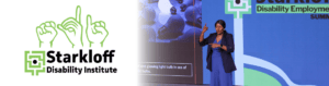 Starkloff logo with SDI fingerspelled next to image of Dr. Amie Fornah Sankoh on stage delivering the closing keynote of our 2023 Disability Employment Summit in ASL