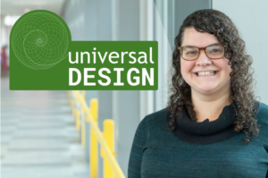 Universal Design logo featuring an almost golden ratio spiral with vectors of arcs originating in the center, creating a mosaic-like circle. A photo of Rachel smiling is behind it. She is a white woman with dark curly hair and glasses.