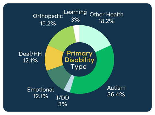Primary disability type pie chart. 36.4% Autism. 18.2% other health-related. 15.2% orthopedic. 12.1% Deaf and Hard of Hearing. 12.1% emotional. 3% learning. 3% I/DD [intellectual and developmental].