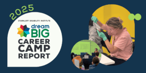 2025 Dream Big Camp Report. Student in safety glasses and rubber gloves examining the strawberry they are about to extract DNA from. Students learning in a computer lab.