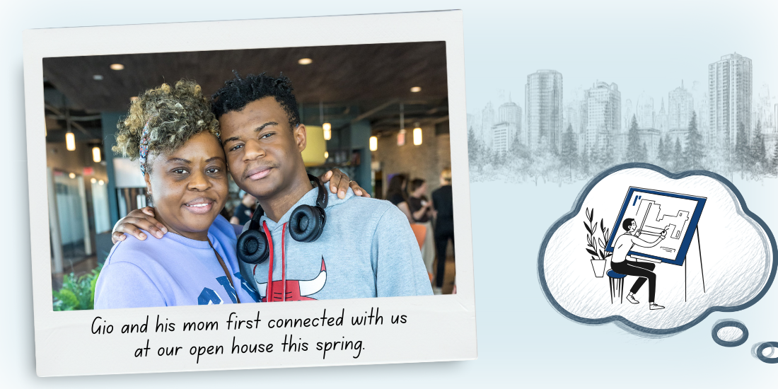 A high school student and his mom smile in a photo with a backdrop of a person dreaming about being an architect.