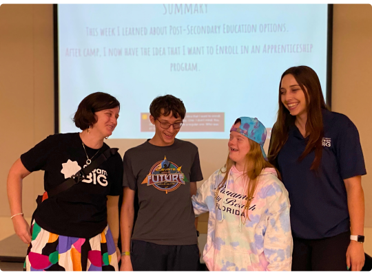 Dream Big student presentation group photo with Danielle and Ally 2024 Dream Big staff and students laugh together.