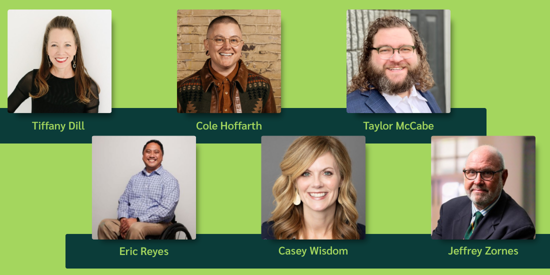 Headshots of Tiffany Dill, Cole Hoffarth, Taylor McCabe, Eric Reyes, Casey Wisdom, and Jeffrey Zornes.
