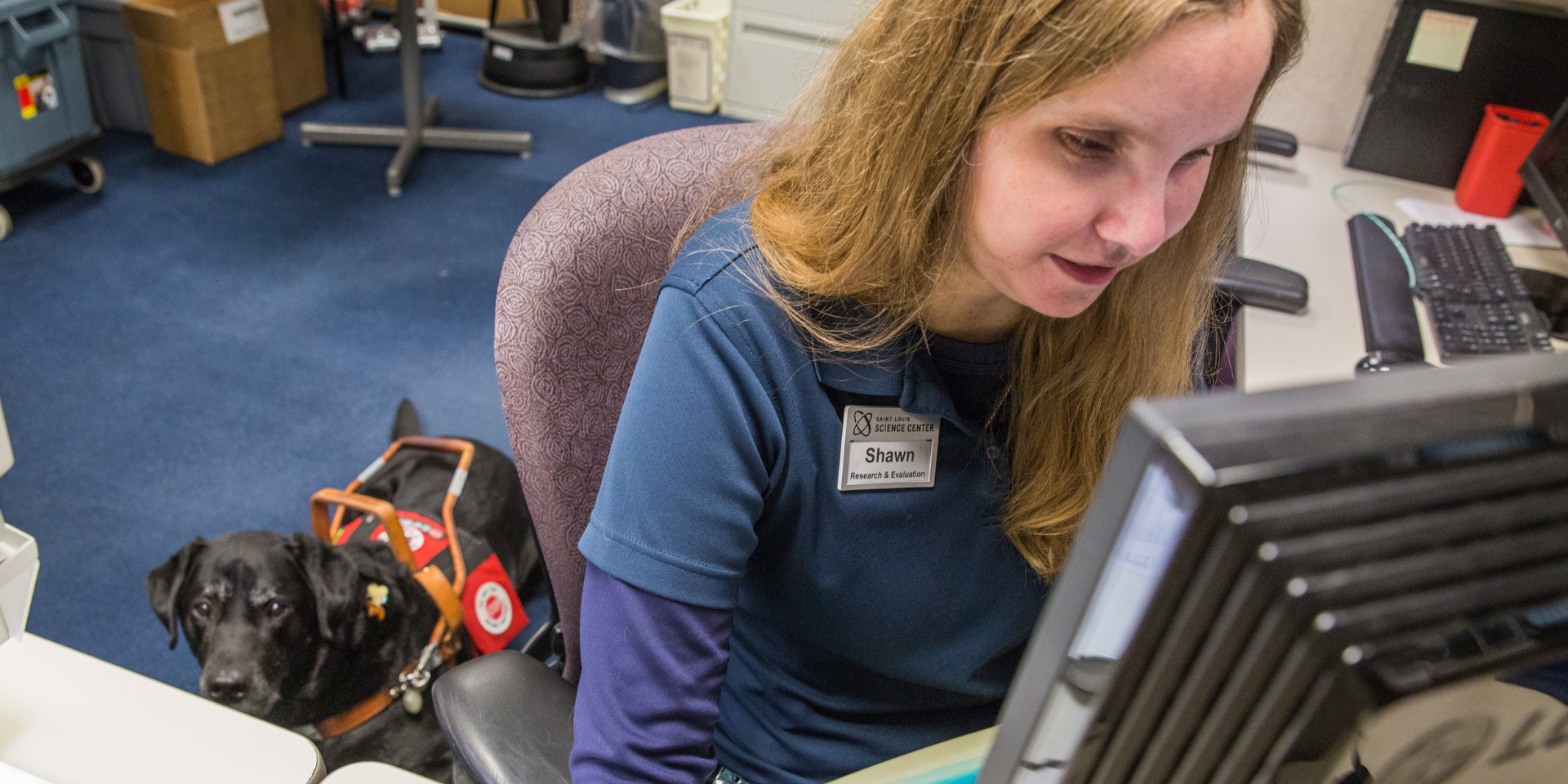 Professional working on her computer, with her service dog in the background.