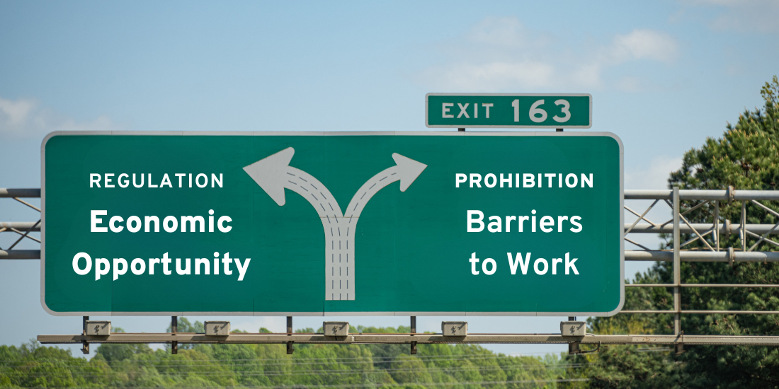 Highway sign showing forked road: one way is Regulation and Economic Opportunity, the other is Prohibition and Barriers to Work.