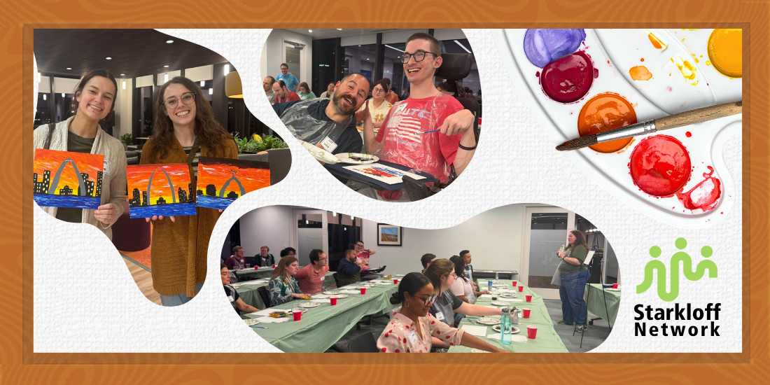 Collage of event photos, with smiles the room full of young adults across the spectrum of disability status.