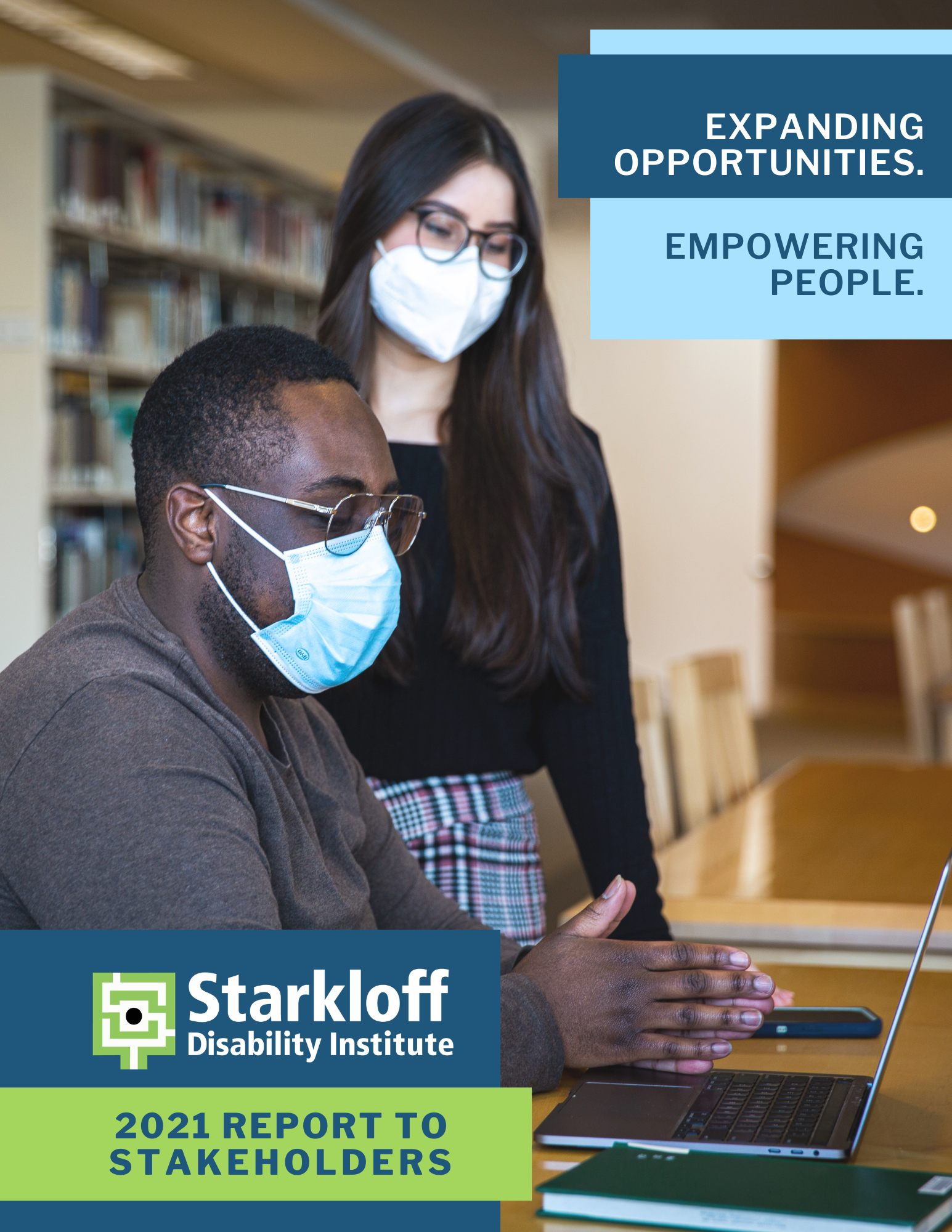 Starkloff Disability Institute 2020 Report to Stakeholders: Big Impact in a virtual year. Four Starkloff grads smile from individual computer windows.