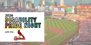 Busch stadium and Disability Pride flag. 2026 Disability Pride Night with the Cardinals.