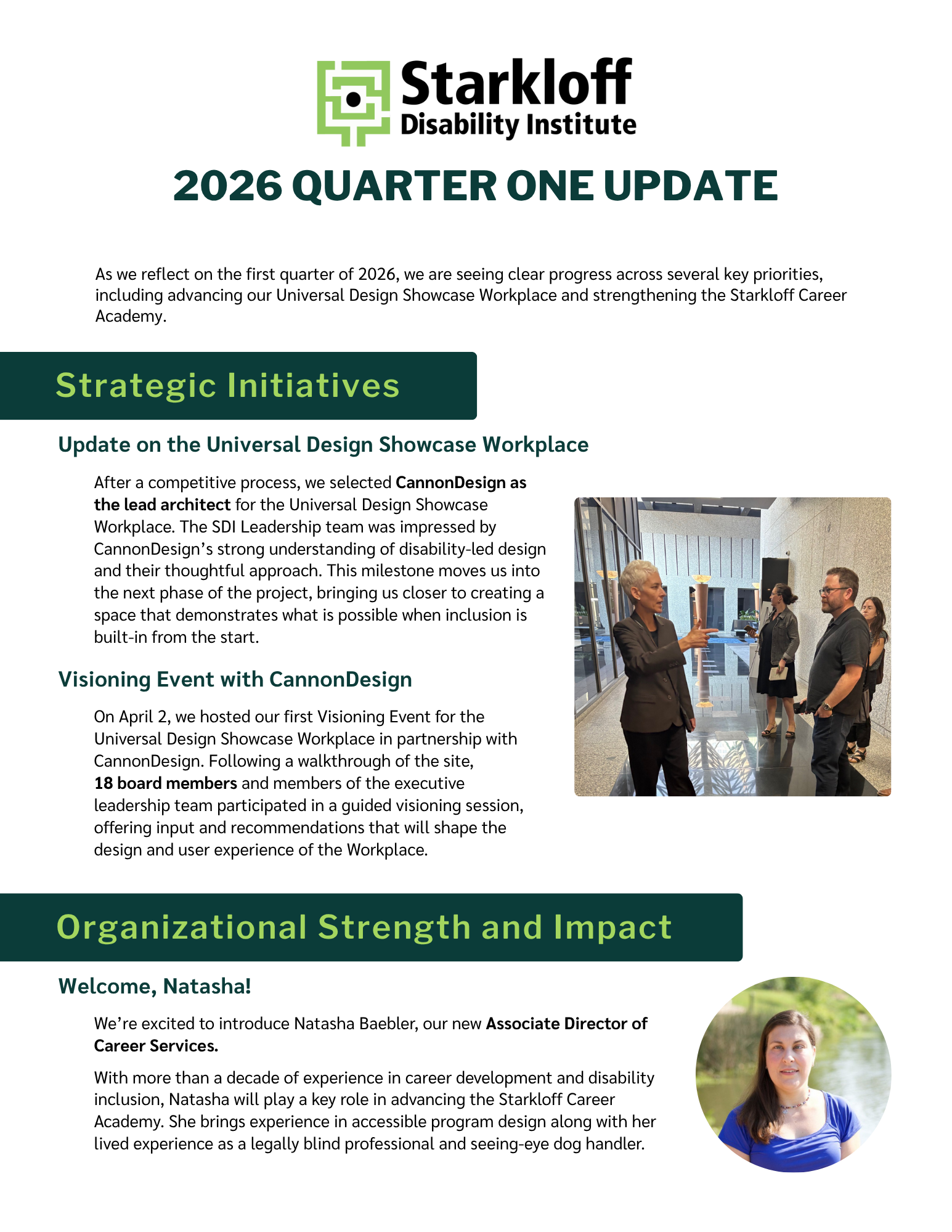 Starkloff Disability Institute 2026 Quarter 1 update page one.