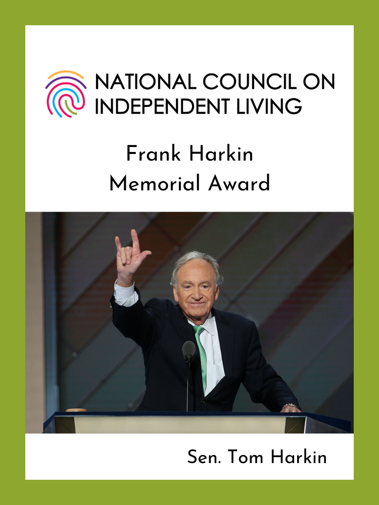 National Council on Independent Living Frank Harkin Memorial Award. Senator Tom Harkin using sign language during a speech.