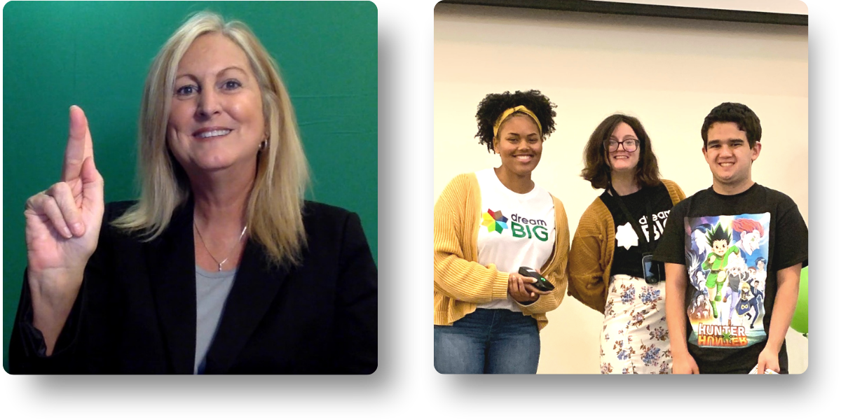 Combined 2022 DHH and Dream Big. Side-by-side: Karyn Houston, a Deaf professional smiles in a headshot. Dream Big Camp staff and a student smile during the end-of-camp student presentations and celebration.
