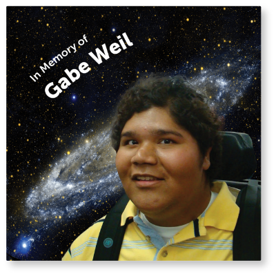 In Memory of Gabe Weil. Gabe smiles, his eyes bright, against a backdrop of outer space.