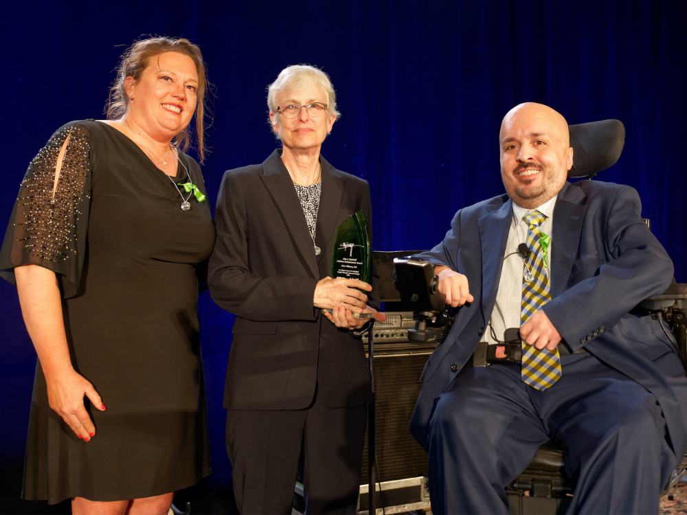 Gina Hilberry Max J Starkloff Lifetime Achievement Award. Gina Hilberry, AIA, stands with Lori Becker and Brian Chao after receiving the Max J. Starkloff Lifetime Achievement award.
