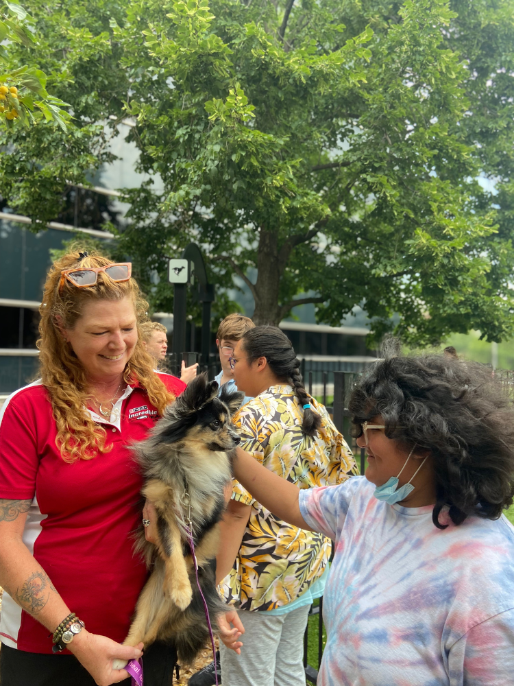 Lily at Purina Lily pets a dog held by a Purina Incredible Dog Team trainer..