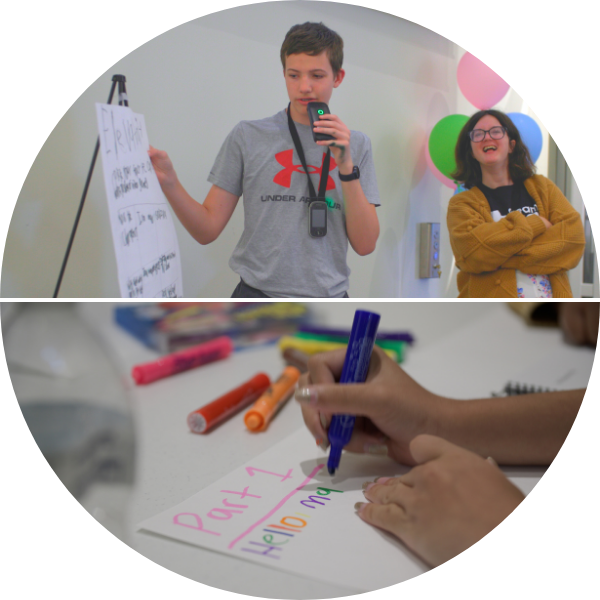 Self-advocacy is a skill. Student presents a large poster to a group with an FM transmitter microphone. Colorful markers and lettering on student posters.