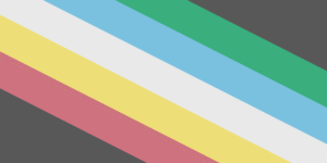Disability Pride flag: A muted black field with a diagonal band from the top left to bottom right corner, made up of five parallel stripes in red, gold, white, blue, and green.