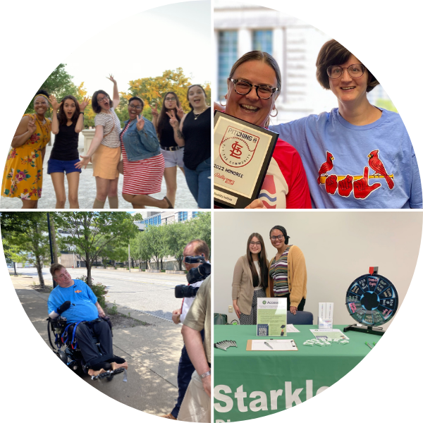 Community connection—stronger than ever. Six young adults smiling in a park. Two people in Cardinals shirts smiling with a plaque. Two people at a campus tabling event. A power wheelchair user interviewed by a news crew on a downtown sidewalk.