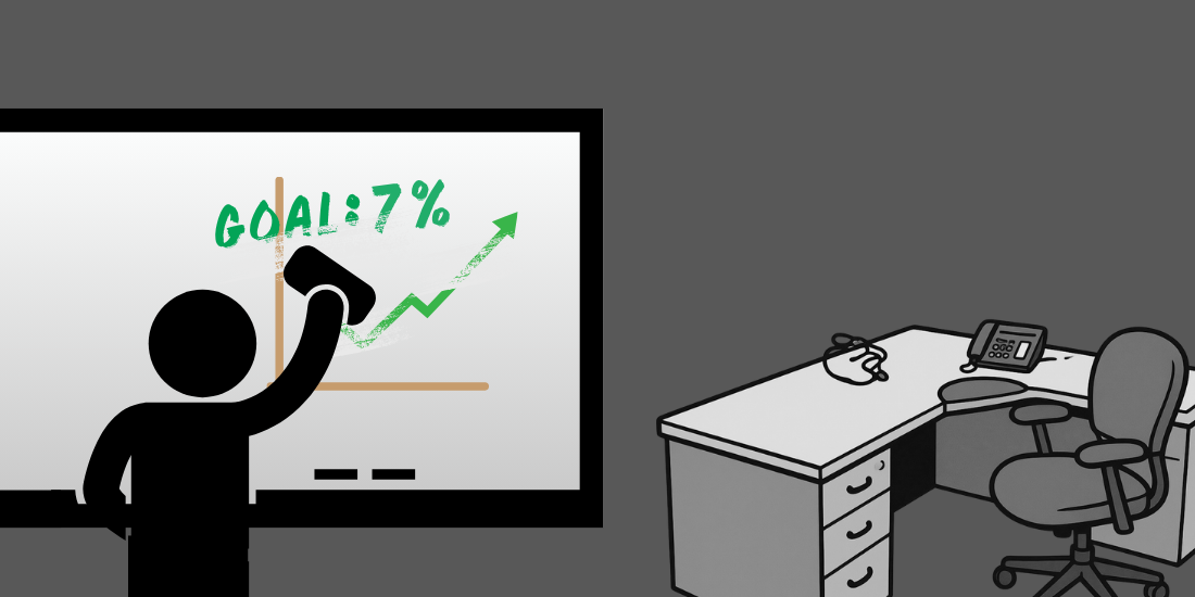 Stick figure in an empty office erasing a whiteboard that said goal: 7% with a graph showing strong growth.